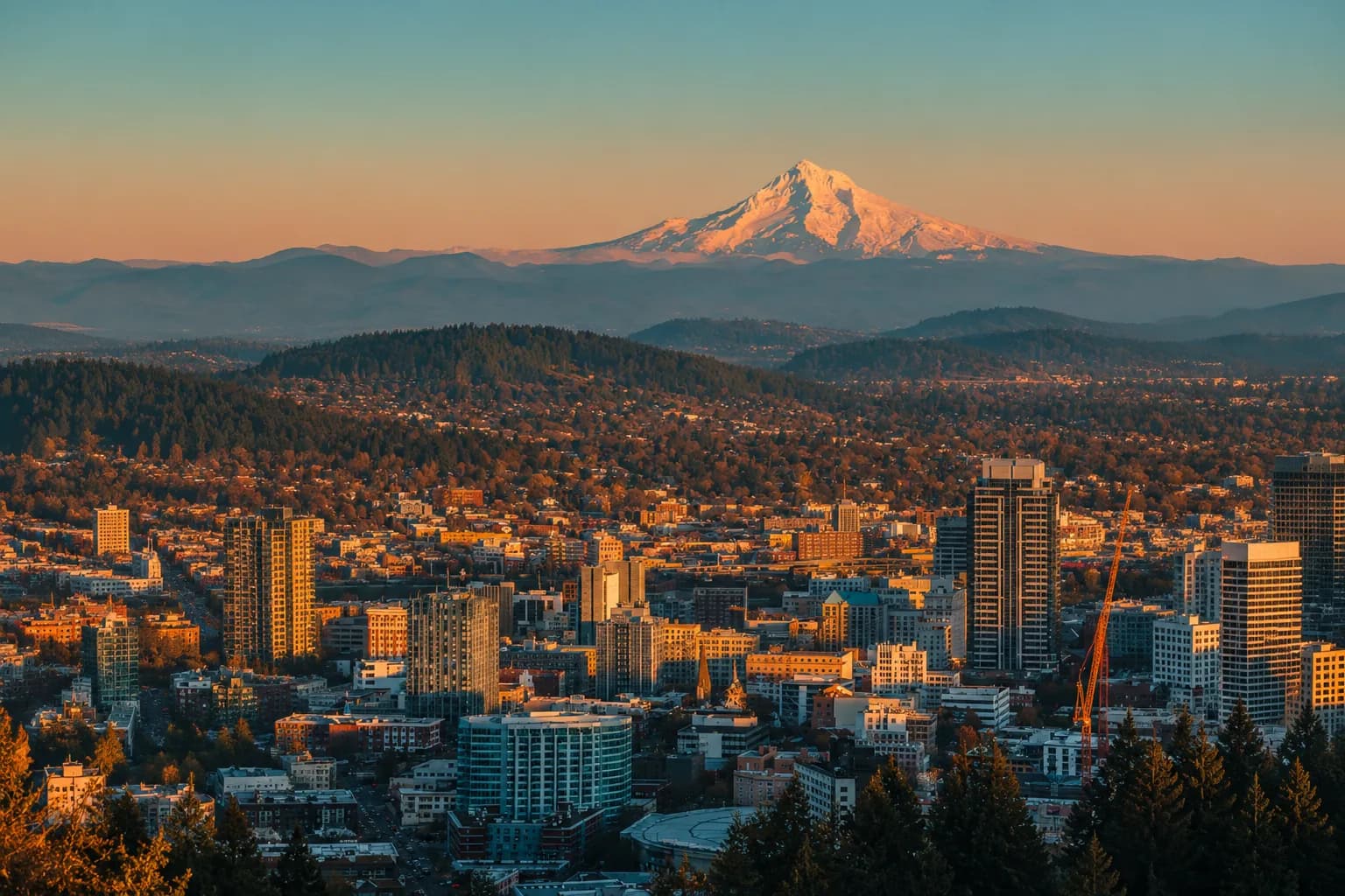 Portland skyline with Mt. Hood at golden hour