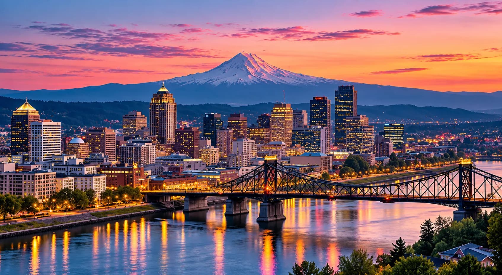 Portland skyline with Mt. Hood at sunset